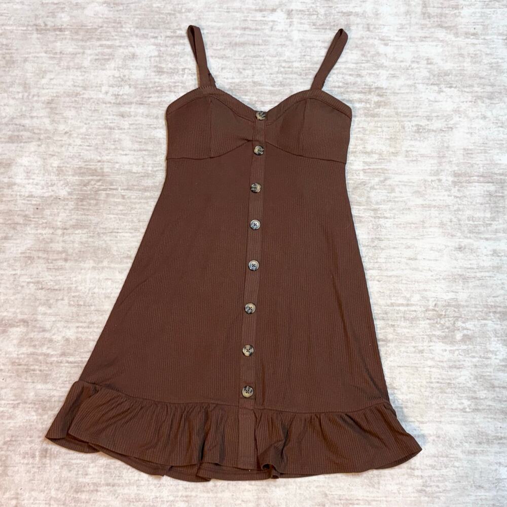No Boundaries Juniors Medium 7-9 Brown Ribbed Ruffle Swing Dress Y2K Button New